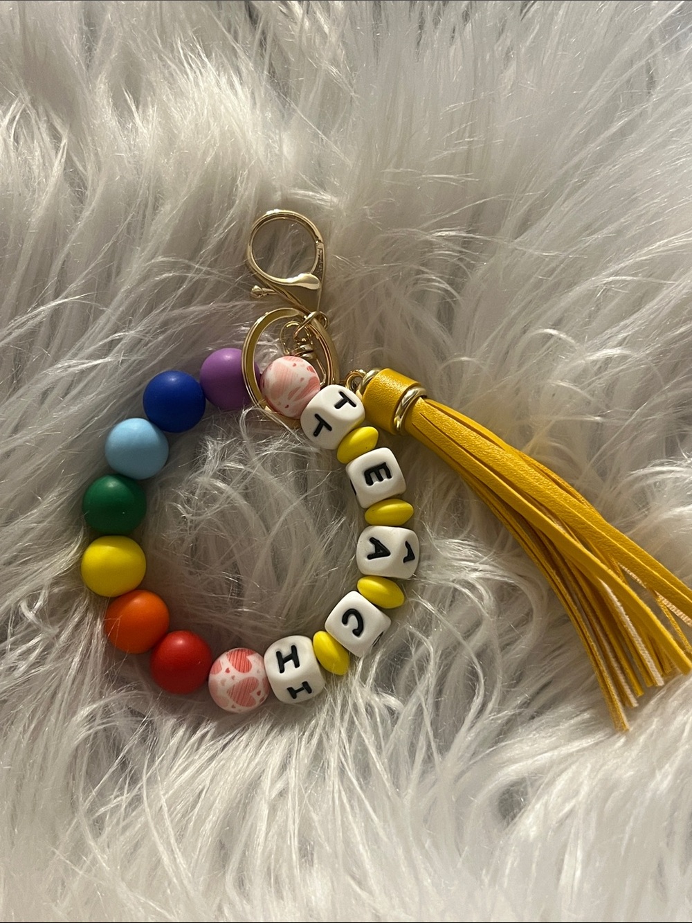 Teacher Yellow Tassel Rainbow Bead Keyring